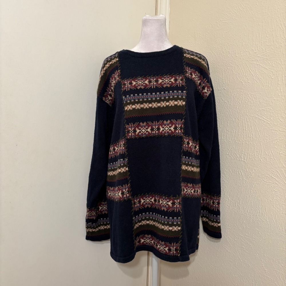 Navy Blue Fair Isle Cotton Knit Crew Neck Patchwork Sweater Grunge 90s Fall M